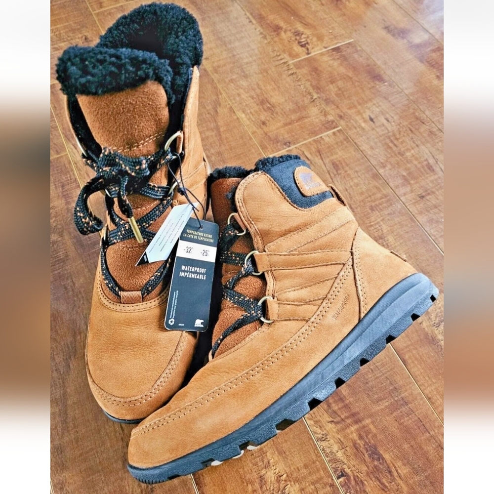 SOREL Whitney Short Lace PREMIUM LEATHER -32°C Winter Boots Sz US 8 CAMEL BROWN - Picture 1 of 12